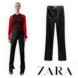 ZARA | Black | FAUX LEATHER FLARED SLIM PANTS
